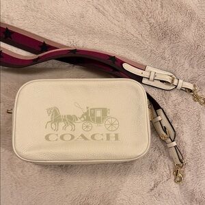 COACH Cream Leather Camera Crossbody with Pink Star-Accent Strap